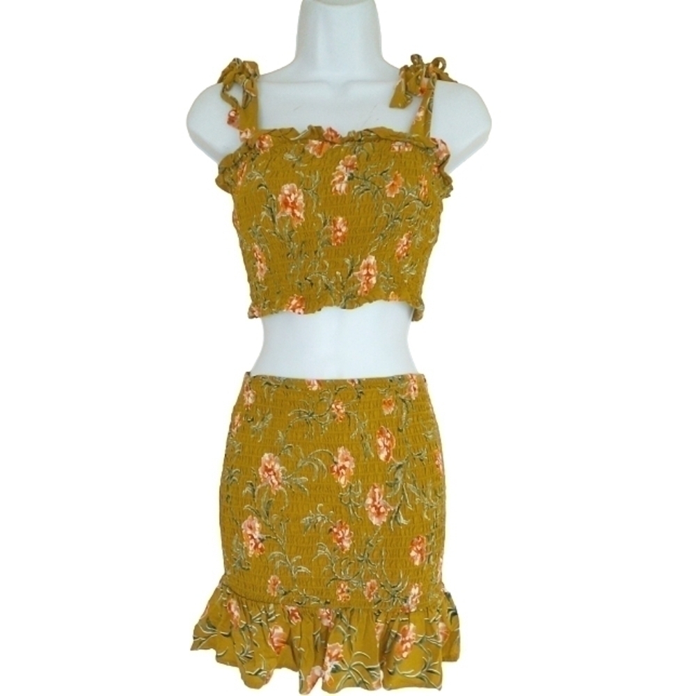 Shosho Floral Crop Top and Skirt Set Olive Green Pink - M